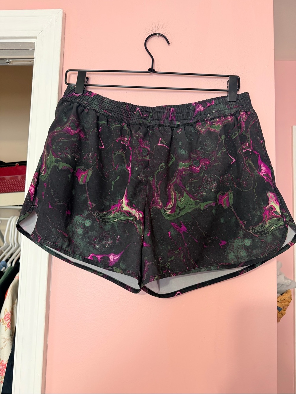 Champion Women’s Black Athletic Shorts with Pink & Green Marble Print